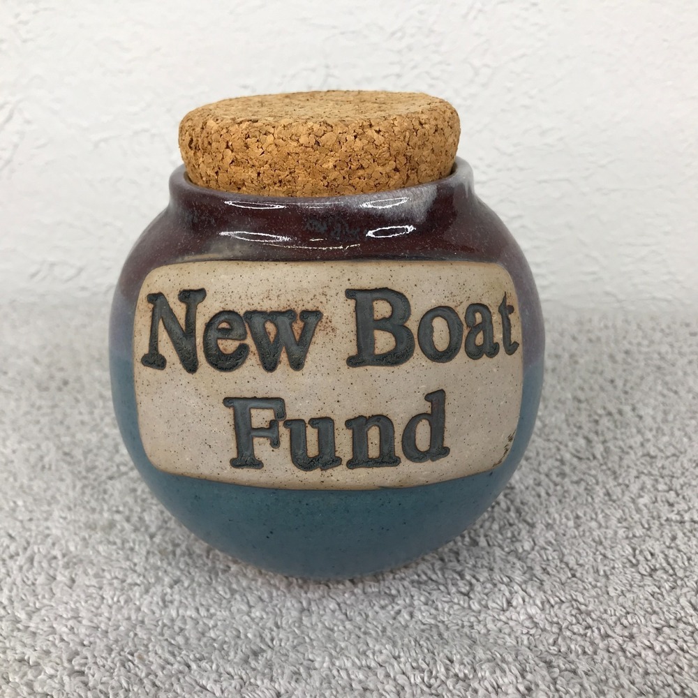 Tumbleweed Pottery Savings Money Jar Cork Lid Blue -‎ New Boat Fund - FLAW